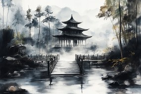 Vászonkép Canvas Japán Ázsia Templom Pagoda Kert Köd 60x40