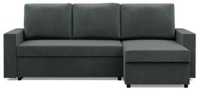 Zeus sarokkanapé, 1 ágyneműtartóval, egyenes kartámasz, bársony, univerzális oldal, bonell töltet, szürke