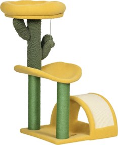 PawHut 72 cm Macska Kaparófája Fa Tevékenységi Központ Ágyjal, Zsineges Kaparóoszlop, Görbített Kaparófának és Függő Labdának 40x35x72 cm Sárga | Aoso