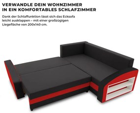 Grande sarokkanapé polcokkal , polc a jobb karfaban, jobboldali, szövet anyag, hab töltet, fekete - piros