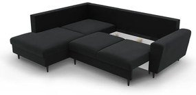 Fekete bársony kinyitható tárolóhelyes sarokkanapé (bal oldali-L alakú) Kyoto – Cosmopolitan Design