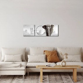 Kép -Elefánt egy nagyvárosban, fekete-fehér változat (órával) (90x30 cm)