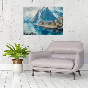 Üveg kép - Norvég falu (70x50 cm)
