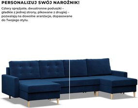 Etna U alakú sarokkanapé, 3 ágyneműtartóval, bársony, univerzális oldal, bonell töltet, kék