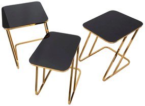 aranyszínű fém kisasztal készlet fekete üveglappal – 3 db – kortárs