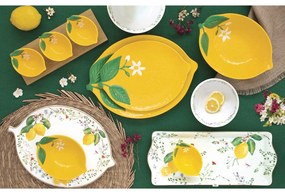 Mediterrán porcelán sárga citrom tálkaszett 3db-os bambusztálcán Fleurs et Citrons