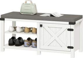 HOMCOM Rusztikus Cipőpad Cipőszervíz Pad Ülőkével Cipőtároló Pad Rekeszekkel 7 Pár Cipőhöz Előszoba Nappali Hálószoba 100x40x48 cm Fehér és Szürke | A