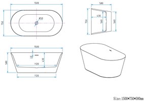 Erga Molly, szabadon álló kád 150x75 cm + leeresztő csavar, fehér fényes, ERG-Molly-150075-WH-WH