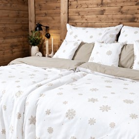 Goldea flanel ágyneműhuzat duo - hópelyhek fehéren, latte színű hátoldal 240 x 220 és 2db 70 x 90 cm
