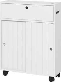 kleankin Modern Fürdőszobai Segédszekrény 4 Kerekével, 2 Papírtartóval, 2 Szekrénnyel és Állítható Polcokkal, Tárolóegység Nappaliba 52x17x67 cm Fehér