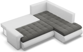 Tokio sarokkanapé, L alakú háttámlával, 2 ágyneműtartóval, bársony + műbőr, jobboldali, szürke - fehér
