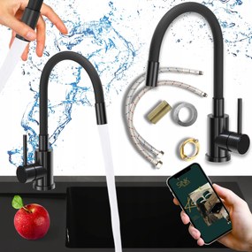 Konyhai Csaptelep flexibilis Kifolyócső fekete fényes mosogató csaptelep