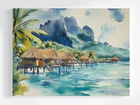 Vászonkép Canvas Tájkép Trópusok Sziget Tengerpart Kunyhók Óceán Hegyek 80x60