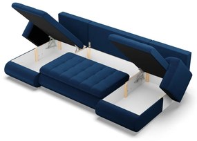 Tokio U alakú sarokkanapé, 3 ágyneműtartóval, bársony, univerzális oldal, kék