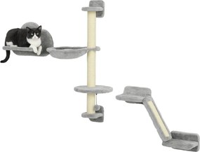 PawHut 3 részes fali macskamászó szett – függőággyal, kaparórámpával és ugróplatformmal, szürke | Aosom