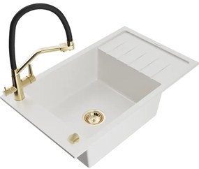 Mexen Elias gránit mosogató 1-medencés csepegtetővel és Duo konyhai csapteleppel, fehér - 6511-20-671701-57-G