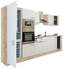Yorki 330 konyhabútor sonoma tölgy korpusz,selyemfényű fehér fronttal alulfagyasztós hűtős szekrénnyel