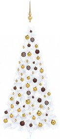 Fehér fél műkarácsonyfa LED-ekkel és gömbszettel 240 cm