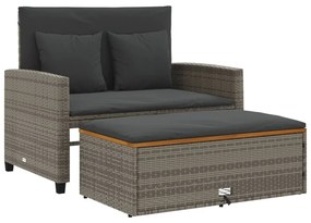 2 személyes szürke polyrattan/akácfa kerti kanapé párnával