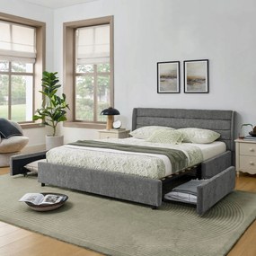 Franciaágy, 140*200 cm, zsenília Kárpitozott ágy 4 fiókkal szürke