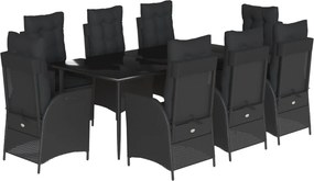 vidaXL 9 részes fekete polyrattan kerti étkezőgarnitúra párnákkal