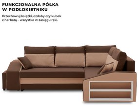 Grande sarokkanapé polcokkal és puffokkal , polc a jobb karfaban puffok a bal karfaban, jobboldali, szövet anyag, bonell töltet, barna