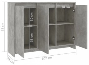 betonszürke szerelt fa tálalószekrény 102 x 33 x 75 cm