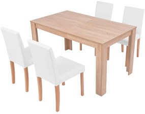 5 részes, krémszínű műbőr és tölgyfa étkezőgarnitúra