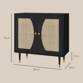 HOMCOM Bohemian Stílusú Konyhai Büfé Tárolószekrény Kétajtós, 2 Szint, Rattan Előlap, 80 x 38 x 79 cm, Fekete | Aosom