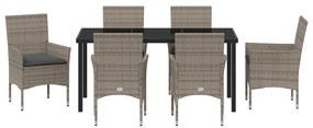 7 Darabos Kerti Étkező Készlet Párnákkal Szürke Polirattan, Kerti Asztal Fekete 160x80x73 cm Edzett Üveg