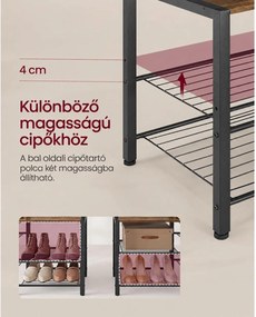 Előszobafal cipőpaddal, 9 akasztóval, 6 oldalsó kampóval és 5 tárolópolccal, 120 x 40 x 190 cm, rusztikus barna és tintafekete