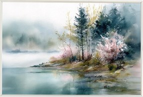 Poszter Keret Alumínium Tájkép Tó Part Fák Tavasz Köd 60x40