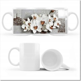 Nyomott mintás bögre Fehér orchideák és mozaik