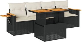vidaXL 5 részes fekete polyrattan akácfa kerti kanapészett párnákkal