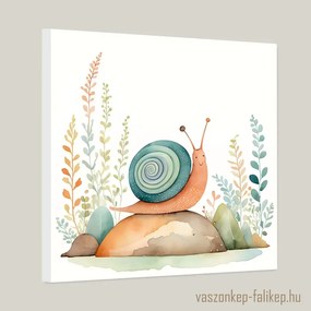 Vidám kis csiga illusztráció akvarell – derűs gyerekszoba dekoráció 40x40cm