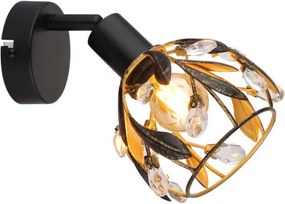 Globo 15759-1 Fali spotlámpa, fém fekete matt, fém arany színű, fekete patinázott, tiszta akril kristályok, SzxM: 120x160mm, Mélység: 210mm, 1x E14 25W 230V izzó nélkül