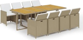 vidaXL 9 részes bézs polyrattan kerti étkezőgarnitúra párnákkal