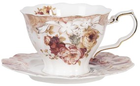 Porcelán teás csésze csipkés aljjal - nosztalgia rózsás, 200ml