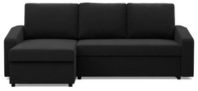 Zeus sarokkanapé, 2 ágyneműtartóval, döntött kartámasz, szövet anyag, univerzális oldal, hab töltet, fekete