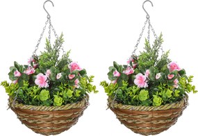 Outsunny 2 db Műlisianthus Növény Kaspóval és Akasztóval, Műnövények PE-ből és Fonott Anyagból, Ø25x34 cm, Zöld és Rózsaszín | Aosom