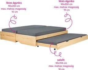 Ágy kihúzható pótágyakkal, természetes, tömörfa, 90x200, FLOPY
