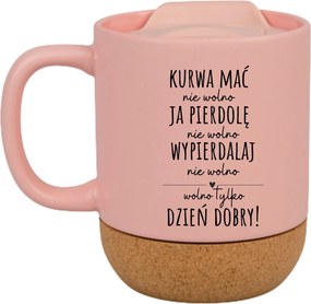 Rózsaszín Bögre Fedéllel És Parafa Aljjal Ajándék Csak Jó Reggelt