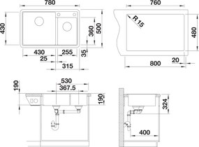 Blanco Legra 8, szilgránit mosogató 780x500x190 mm, 2 kamrás, antracit, BLA-526224