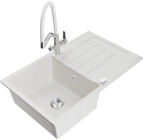 Mexen Bruno 1-medencés gránit mosogató csepegtetővel és Duo konyhai csapteleppel, fehér - 6513-20-671701-02