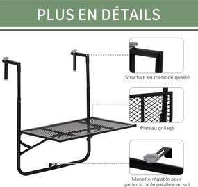 Outsunny Összecsukható Fém Függő Balkontábla Magasságának Állíthatóságával 60L x 60W x 57-72H cm - Fekete | Aosom
