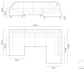 Sötétkék bársony kinyitható tárolóhelyes sarokkanapé (jobb oldali-U alakú) Kyoto – Cosmopolitan Design
