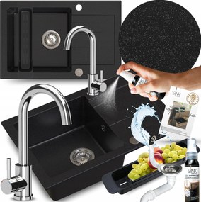 Gránit Mosogató Szett Fekete Pöttyös Csaptelep Szifon Csepegtető