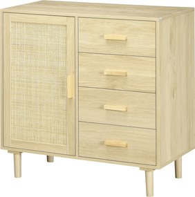 HOMCOM Rattan Büfé Szekrény Kígyóajtós Szekrényekkel és 4 Fiókkal, Étkező, Nappali, Hálószoba, 80 x 38 x 80.5 cm, Természetes Fa Hatás | Aosom
