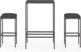 vidaXL 3 részes szürke polyrattan kerti bárszett párnákkal