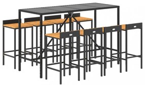 9 részes fekete polyrattan és tömör akácfa kerti bárszett